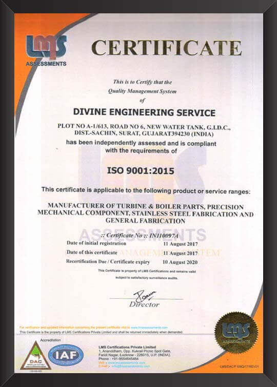 Certificate Award Divine Engineering Service Surat India
